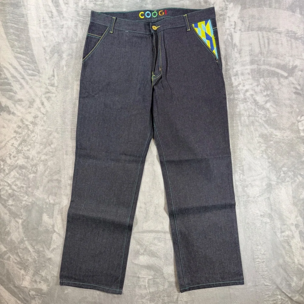 Vintage COOGI Embroidered Straight Jeans Men's 38x34 Dark Blue Denim Pants NEW